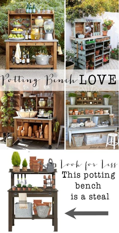 Potting Bench Love- look for less - House of Hargrove Potting Shed Plans, Gardening Table, Potting Bench Ideas, Potting Bench Plans, Potting Station, Outdoor Potting Bench, Drink Stations, Potting Benches, Potting Table