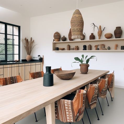 African Dining Room Decor Ideas, Afro Scandinavian Interior, African Inspired Kitchen, African Inspired Dining Room, Afro Minimalist Decor, African Kitchen Design, Modern African Decor Living Rooms, African Dining Room, Afro Modern Decor