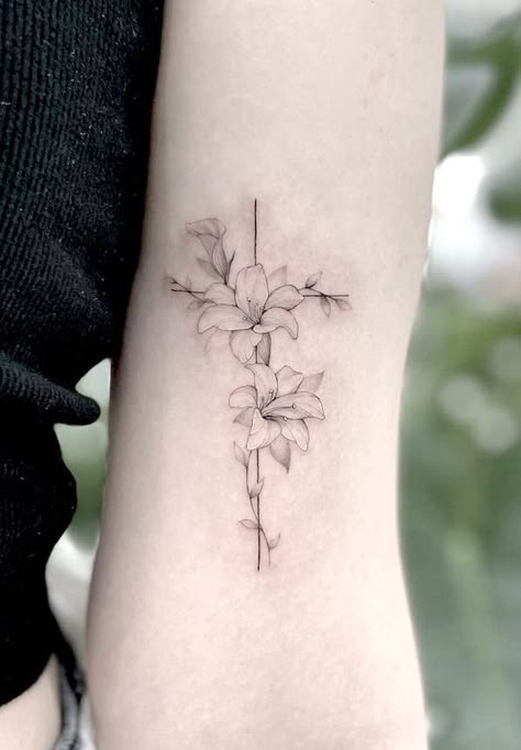 97 Beautiful Flower Tattoos and Meaning - Our Mindful Life Cross And Flower Tattoo, Cross Tattoo With Flowers, Small Lily Tattoo, Cross With Flowers Tattoo, Gladiolus Flower Tattoos, Gladiolus Tattoo, Cross With Flowers, Simple Cross Tattoo, Our Mindful Life