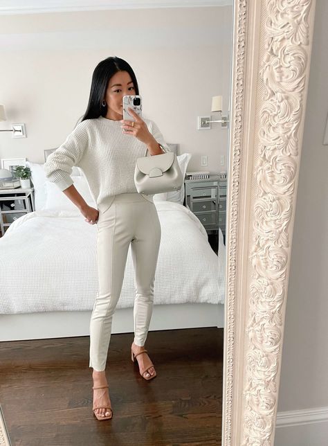 cream faux leather leggings outfit // monochrome white & cream outfit for summer to fall Extra Petite, Black Leather Leggings, Leggings Outfit, Faux Leather Leggings, Leather Leggings, How To Style, Leather Pants, Outfit Ideas, Topshop