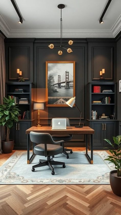 Find inspiration for your luxury home office with ideas that blend elegance, comfort, and productivity. Teal And Gold Office Ideas, Female Office Ideas Modern, In Home Office For Women, Women’s Office, Modern Traditional Office, Female Office Ideas, Elegant Home Office Ideas For Women, Moody Office Inspiration, Monochromatic Office