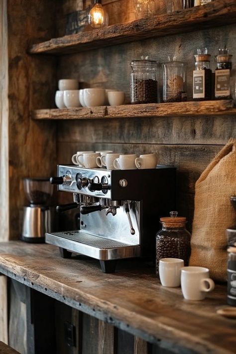 Rustic Charm Coffee Station Rustic Coffee Bar Ideas, Brasserie Design, Rustic Coffee Station, Coffee Book Shop, Bar With Seating, Coastal Cafe, Rustic Coffee Bar, Butler Kitchen, Bar Pizza