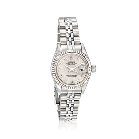 Pre-Owned Rolex Datejust Women's 26mm Automatic Stainless Steel, 18kt White Gold Watch. C. 2002. Experience the renowned luxury of a pre-owned Rolex with this Datejust women's watch. The timepiece features Swiss automatic movement, synthetic sapphire crystal, 26mm case, silver jubilee Arabic dial, 18kt white gold bezel, and stainless steel crown and jubilee bracelet that finishes with a foldover clasp. Water-resistant up to 100M. Pre-owned Rolex 18kt white gold and stainless steel watch. Ross-Simons is not an authorized Rolex dealer. Watches from our Pre-Owned collection are inspected by our watchmakers for authenticity. They also undergo complete movement service as needed, water resistance testing and refurbishing of case and bracelet. All of our Pre-Owned watches are covered by Ross-Sim Rolex Silver Woman, Rolex Watches Women Silver, Watch Rolex Women, Rolex For Women, Rolex Jewelry, Rolex Datejust Women, White Gold Watch, Gold And Silver Watch, Rolex Watches Women