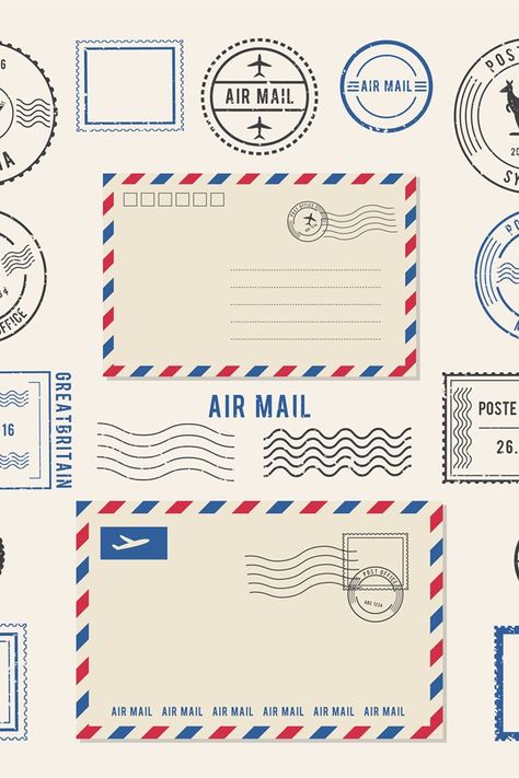 #airmail #retro #vintage #letter #template #post #postage #postmark #stamp #illustration Post Stamp Illustration, Vintage Letters Mail, Vintage Letter Template, Post Stamp Design, Stamp Illustration, Airmail Envelopes, Letter Stamp, Postage Stamp Design, Journal Fonts