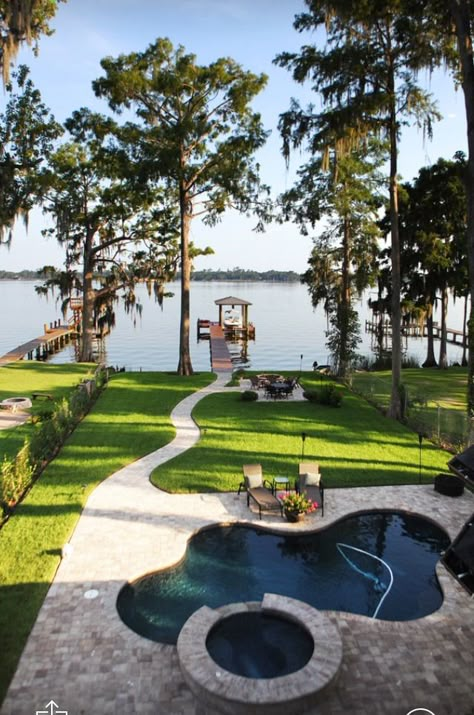 , Lake Home Outdoor Spaces, Backyard Landscaping Lake House, Lake House Backyard With Pool, Pool Lake Backyard, Pool By The Lake, Beach Lake House, Lake Backyard Ideas, Lake House Back Porch, Lake House Garden