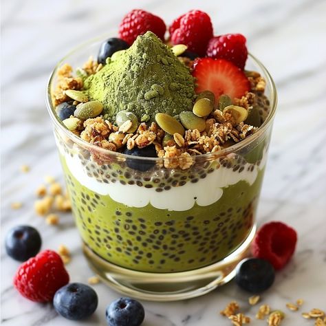 🌿✨ Start your day right with Matcha Chia Pudding Parfait! #HealthyEats #MatchaLove Matcha Chia Pudding Parfait Ingredients: Chia seeds (1/4 cup) Almond milk (1 cup) Matcha powder (1 tsp) Maple syrup (1 tbsp) Greek yogurt (1/2 cup) Fresh berries (1/2 cup) Granola (1/4 cup) Instructions: In a bowl, mix chia seeds, almond milk, matcha powder, and maple syrup. Let sit for 10 minutes, then stir again. Refrigerate for at least 2 hours or overnight. Layer chia pudding, Greek yogurt, fresh berrie... Chia Seed Parfait Recipe, Pudding Greek Yogurt, Matcha Greek Yogurt Bowl, Matcha Overnight Oats Chia Seeds, Chia Seeds Almond Milk, Yogurt Parfait With Chia Seeds, Macha Green Tea Chia Pudding, Chia Pudding Parfait, Matcha Chia Pudding