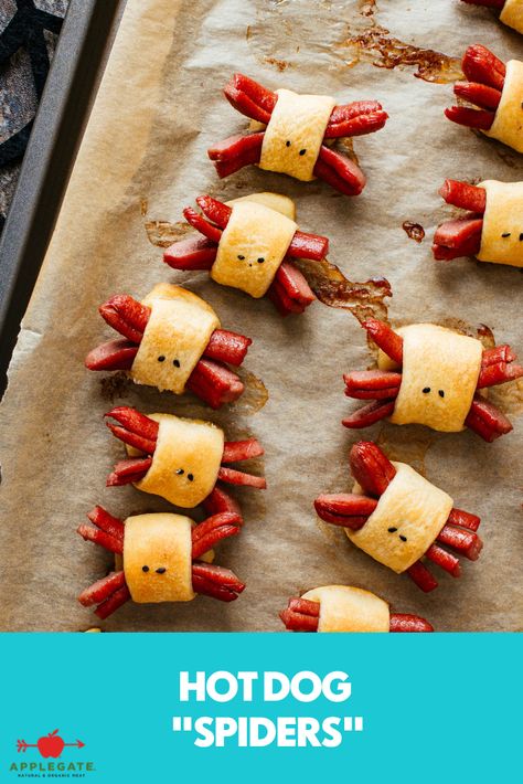 Halloween Roll Ups, Spider Hot Dogs Halloween, Spider Hotdogs, Hot Dog Spiders, Cressant Rolls, Spider Sandwiches, Hot Dog Ideas, Hot Dog Appetizers, Hot Dog Crescent Rolls