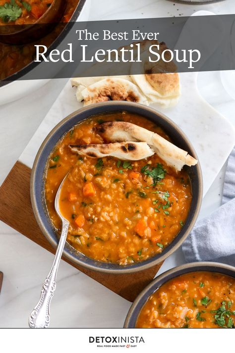 Red Lentil Soup is made with simple pantry ingredients & tastes like it came from a restaurant! It's a great source of plant-based protein, and makes an easy weeknight meal. Soup Photos, Lentil Recipes Healthy, Red Lentil Recipes, Red Lentil Soup Recipe, Lentil Soup Recipe, Simple Pantry, Pantry Ingredients, Chickpea Soup, Bean Tacos