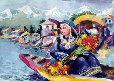 Kashmir : The Beautiful People – Kashmir RootStock Houseboat Kashmir, Kashmir Painting, Kashmiri Culture, Paintings Nature, Watercolor Indian, Dal Lake, Pakistan Culture, Composition Drawing, Architecture Sketches