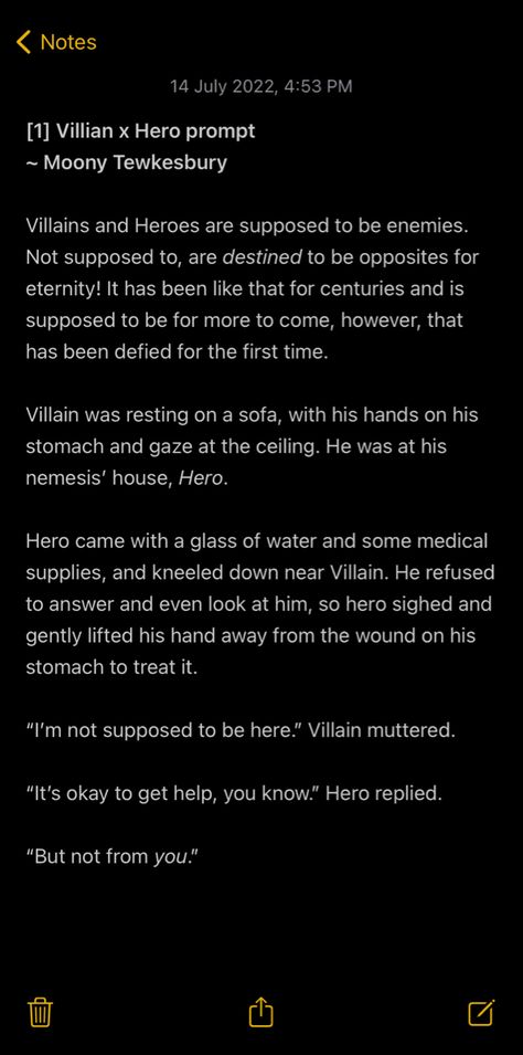 Anti Hero Writing Prompts, Villian Hero Prompts, Hero Villain Romance, Hero In Love With Villian, Superhero X Villian Prompts, Book Prompts Villain X Hero, Hero Dialogue Prompts, Story Prompts Hero X Villain Romance, Pov The Villain Loves You