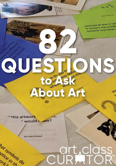 Use this list of 82 questions about art to give you ideas about how to talk about art with students or your own kids! Then, download the printable index cards with the questions! Art Questions For Students, Printable Index Cards, Connection Activities, Art Critique For Elementary, Art Critique Worksheet, Art Lessons Based On Famous Artists, High School Art Critique, Art Vocabulary, Foam Printing