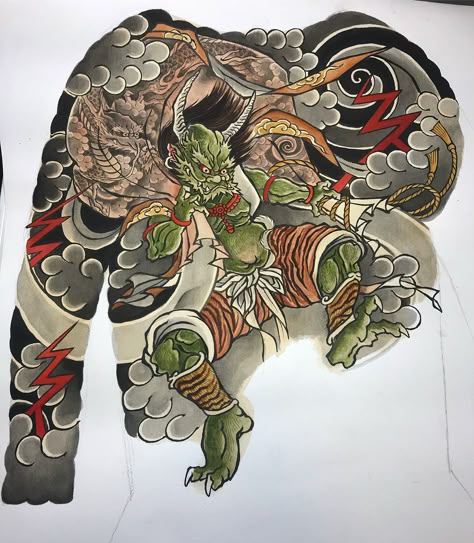 Fujin, half backsuit sharing painting with a real master @ivanszazi is gonna put his raijin, i m supper thanks and honored to share this… Raijin Tattoo, Chest And Back Tattoo, Japanese Demon Tattoo, Demon Tattoo, Forarm Tattoos, Crow Tattoo, Full Back Tattoos, Traditional Japanese Tattoos, Irezumi Tattoos