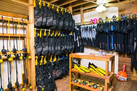 Equipment Room, Scuba Shop, Diving School, Dive Shop, Diving Center, Equipment Storage, Diving Equipment, Diving Gear, Merchandising Displays