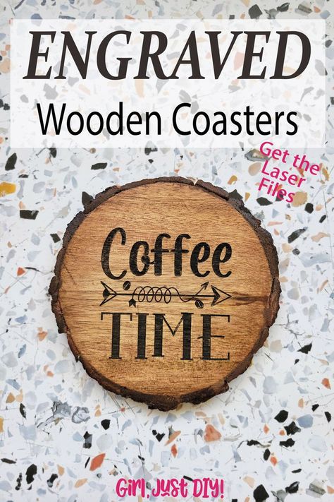 Get the files to make a set of four engraved wooden coasters for your favorite cup of coffee. You can use the files with your laser or your cricut. #girljustdiy Engraved Wood Coasters, Coffee Coasters, Upcycle Decor, Laser Engraved Wood, How To Make Coffee, Wooden Coasters, Engraved Wood, Wood Coasters, Cup Of Coffee