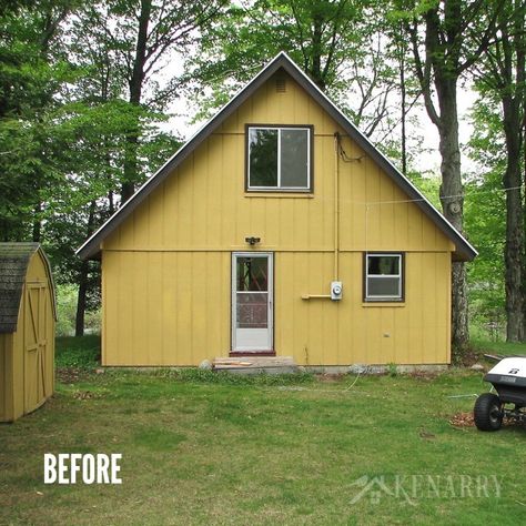 Wow! This little cabin was in desperate need of an extreme cottage makeover! I love seeing all the before/after photos as well as a video tour showing how this little home on a river has been transformed. Small Cabin Makeover, Cottage Remodel Before And After, Small Cabin Remodel Before And After, Cabin Update Ideas, Cottage Makeover Before And After, Small Cottage Makeover, Cabin Renovation Ideas, Small Cabin Renovation, 70s Cabin Aesthetic