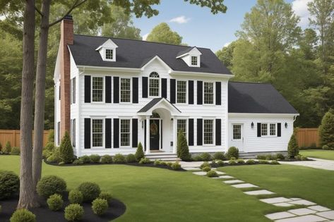 This colonial design floor plan is 2141 sq ft and has 4 bedrooms and 2.5 bathrooms. East Coast Colonial House, 3000 Sq Ft Colonial House Plans, New England Home Floor Plans, Colonial Home Layout, Dark Blue Colonial House Exterior, French Colonial House Plans, Federalist Style Homes, Colonial Revival House Exterior, Modern Cape Cod House Exterior