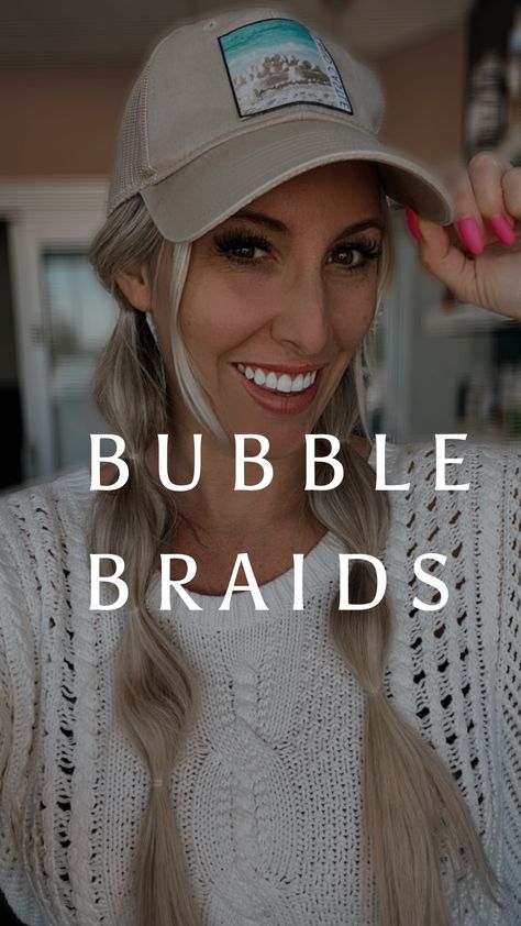 BUBBLE BRAID tutorial – Its a LaLa Life Bubble Braids With Hat, Bubble Braid With Hat, Pigtails With Hat, Braid Pigtails Tutorial, Ponytail With Hat, Bubble Ponytail Tutorial, Braids And Hats, Braids With Hat, Bubble Braid Pigtails