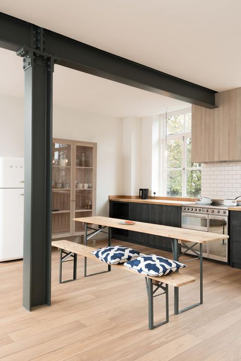 The Clerkenwell Apartment | deVOL Kitchens Metal Beam, Devol Kitchens, Georgian Townhouse, Pale Wood, Steel Columns, Handmade Kitchen, Urban Rustic, Steel Beams, Casa Container