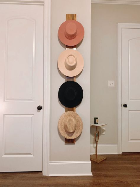 Large Hat Storage Ideas, Bedroom Hat Display, Hats Hung On Wall, Western Hat Wall Display, Womens Hat Wall Display, Organizing Hats, Hat Organization Wall, Hat Wall Decor, Hat Storage Ideas Closet