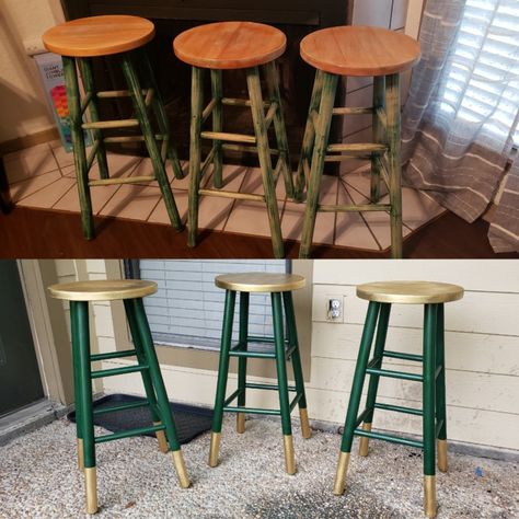 Bar Stool Upcycle, Refurbish Bar Stools, Bar Stools Upcycle, Diy Barstools, Refurbished Bar Stools, Diy Repurposed Items, Diy Furniture Upgrade, Bar Chairs Diy, Green Stool