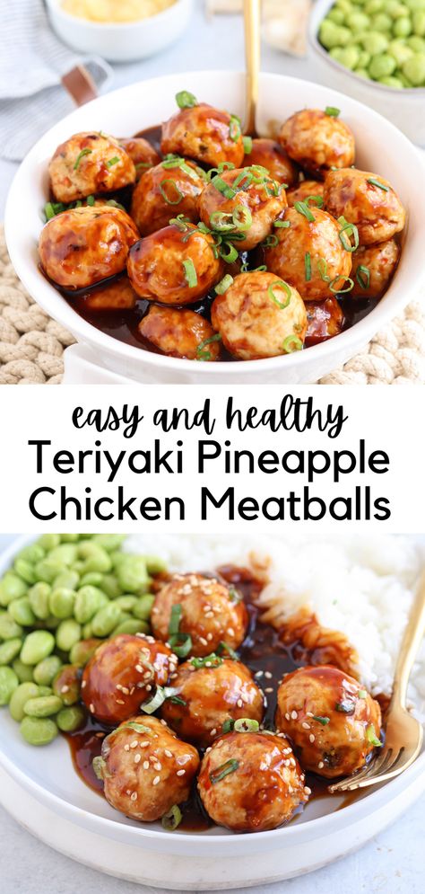 Dreaming of sweet and sticky Teriyaki meatballs? Make these ones for dinner! These Teryiaki Pineapple Chicken Meatballs are made with 100% whole ingredients and MUCH better than the ones from Costco. Made with ground chicken, crushed pineapple, fresh ginger and garlic and coated in yummy sweet and sticky pineapple Teriyaki sauce. Perfect easy weeknight dinner or appetizer! Pineapple Chicken Meatball Recipe, Teriyaki Pineapple Chicken Meatballs, Pineapple Chicken Meatballs Costco, Chicken Teriyaki Meatballs Costco, Hawaiian Chicken Meatballs, Chicken Pineapple Meatballs, Aidells Teriyaki Pineapple Meatballs, Pineapple Teriyaki Chicken Meatballs, Pineapple Teriyaki Meatballs