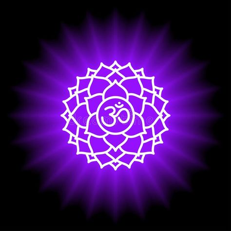 Sahasrara icon. The seventh crown, parietal chakra. Vector purple gloss and shine. Line symbol. Sacral sign. Meditation.  royalty free illustration Crown Chakra Symbol, Chakra Logo, Meditation Illustration, Purple Chakra, Aham Brahmasmi, Healing Spirituality, Chakra Symbols, Energy Healing Spirituality, Free Illustration