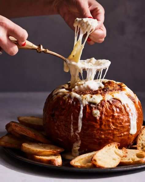 Pumpkin Fondue from www.whatsgabycooking.com (@whatsgabycookin) Fondue Pumpkin, Fall Cookbook, Pumpkin Fondue, Xmas Foods, Cookbook Club, Toasted Crostini, Croissant Bread, Sweet Potato Nachos, Fondue Recipe