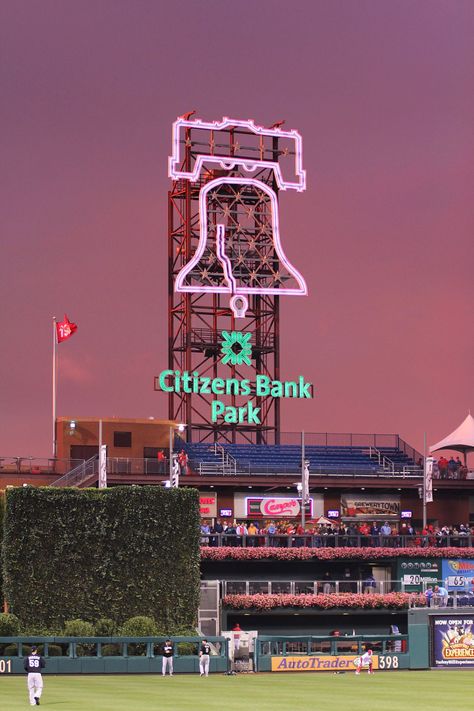 neon liberty bell; citizens bank park:  philadelphia, pennsylvania Philadelphia Tattoo Ideas, Philadelphia Tattoo, Citizens Bank Park, Mlb Stadiums, Philadelphia Phillies Baseball, Pic Wall, High School Photos, Philly Sports, Baseball Park