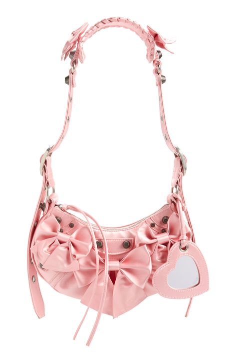 Balenciaga's classic shoulder bag is bedecked in satin bows, further romancing the style already famous for its heart-shaped detachable mirror. Top zip closure Adjustable shoulder strap Removable mirror Textile/leather Made in Italy Designer Handbags Movie Bloopers, Bow Bag, Girly Bags, Rollerball Perfume, Fancy Bags, Balenciaga Bag, Pink Purse, Fashion Wishlist, Pretty Bags