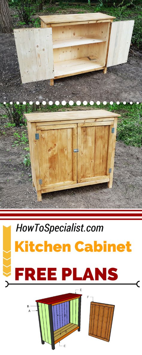 Free plans and a step by step tutorial to build a rustic kitchen cabinet. This farmhouse cabinet is ideal if you want a quick weekend project. Full tutorial at: howtospecialist.com #diy #howto Diy Cabinets Build, Rustic Kitchen Cabinet, Farmhouse Cabinet, Rustic Furniture Diy, Building A Kitchen, Farmhouse Cabinets, Cabinet Plans, Rustic Kitchen Cabinets, Kabinet Dapur