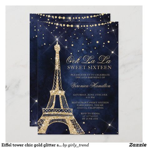 Eiffel tower chic gold glitter sparkle Sweet 16 Invitation Paris Sweet 16, Purple Sweet 16, Invitations Quinceanera, Quinceanera Invitation, Princess Birthday Invitations, Sweet 16 Invitations, Sparkle Wedding, Quinceanera Invitations, Paris Theme