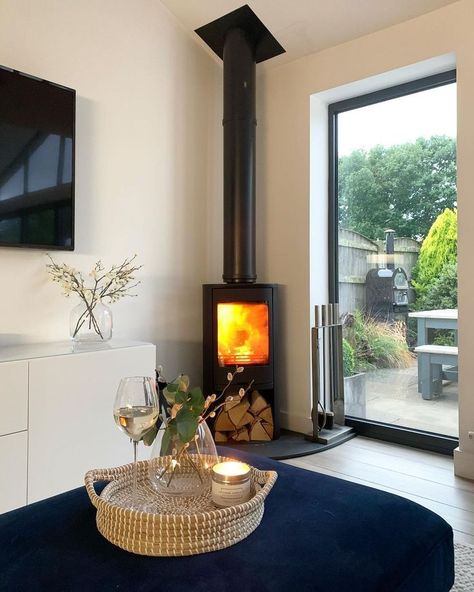 Corner Log Burner, Wood Burning Stove Corner, Wine And Snacks, Corner Wood Stove, Wood Burner Fireplace, Wood Burning Stoves Living Room, Log Burner Living Room, Woodburning Stove, Snug Room