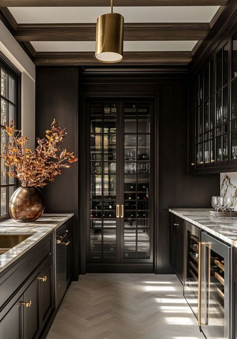 Pretty details and some colorful saves! Swipe through. 🤍🤍🤍 Design @lifestyleminteriordesign Black Brown Kitchen, Wood Veneer Kitchen, Black And Wood Kitchen, Veneer Kitchen, Modern Kitchen Cupboards, Neutral Backsplash Kitchen, Pantry Inspiration, Small Cottage Kitchen, Apartment Dining Room