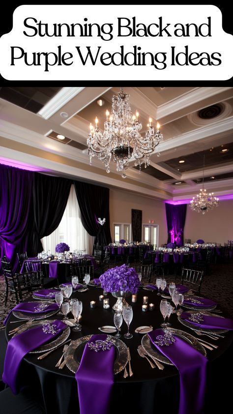 Elegant black and purple wedding decor with silver accents. Royal Purple And Silver Wedding Theme, Black And Purple Reception Ideas, Black Navy Purple Wedding, Purple Black And White Table Decorations, Purple And Black Wedding Theme Bridesmaid Dresses, Purple Vow Renewal Wedding Ideas, Purple Black Gold Wedding Centerpieces, Lavender Black And Silver Wedding, Black Purple And Yellow Wedding