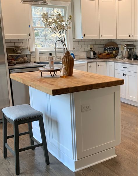 Beautiful Oiled Birch Butcher Block Counter top Granite Island Butcher Block Counters, Square Butcher Block Kitchen Island, Butcher Block White Cabinet, Green Kitchen Island With Butcher Block, Butcher Block Island With Granite Countertops, Butcher Block Center Island, But Her Block Counters, White Island With Butcher Block Top, Chopping Block Counter Tops