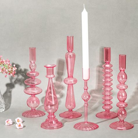 PRICES MAY VARY. Package Contents: you will receive 6 pieces of candle stick holders of different sizes, and these candle holders can hold candles, suitable for birthday parties, weddings and Christmas, Thanksgiving table and window decorations, making your room bright and warm Size and Material: our glass candle holder is available in 6 different sizes, so that you can choose proper size according to your candles; Besides, these candlesticks are made of glass material, exquisite, smooth lines a Cute Girly House Decor, Pretty In Pink Party Decorations, Retro Table Decor, Table Decorations For Home, Wedding Reception Tables Centerpieces, Glass Taper Candle Holders, Blue Taper Candles, Brunch Party Decorations, Wedding Party Centerpieces