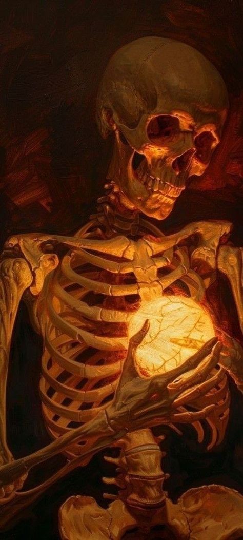 Glowing Skeleton Art, Skeleton Looking Down, Skull Looking Down, Skeleton Holding Something, Skeleton Painting Ideas, Skeleton Reference, Glowing Skull, Skull References, Ball Of Light