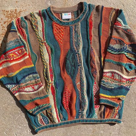 Knitted Vintage Sweater, Crochet Coogi Sweater, Crochet Coogi Sweater Pattern, Vintage Coogi Sweater, Cool Knit Sweaters, Pattern Sweater Outfits, Coogi Sweater Outfit Women, Coogi Sweater Outfit, Eclectic Grandpa Fashion