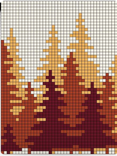 Autumn Tapestry Crochet, Fall Tapestry Crochet Pattern, Two Color Pixel Art Grid, Fall Crochet Tapestry, Crochet Pixel Grid Pattern, Pixel Art Autumn, Autumn Pixel Art, Fall Pixel Art, Grid Patterns