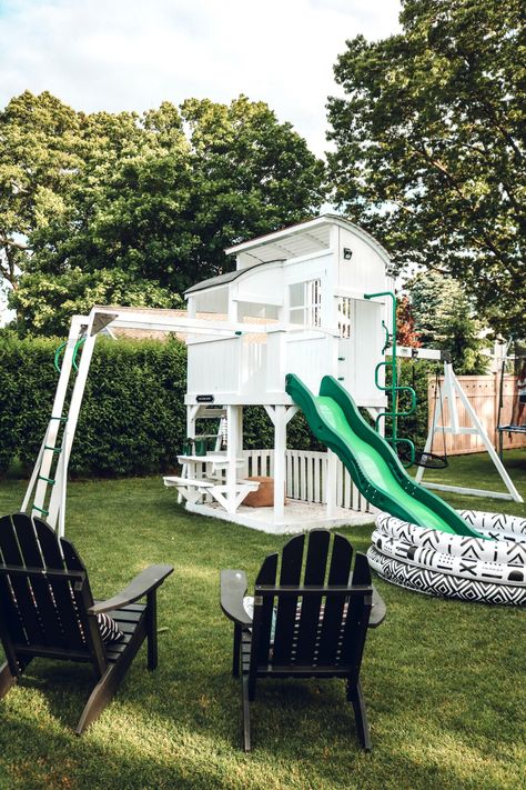 Painted Play Set and Backyard Updates - Nesting With Grace Playset Makeover, Garden Fence Paint, Backyard Updates, Cubby Ideas, Backyard Playset, Backyard Kids, Backyard Playhouse, Nesting With Grace, Kids Backyard