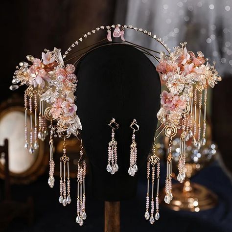 Wedding Chinese, Flowers Crown, Chinese Accessories, Headpiece Diy, Chinese Hair Accessories, Wedding Bride Jewelry, Chinese Hair, Tooth Gem, زجاج ملون