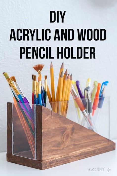 Easy DIY plexiglass project idea! Love this acrylic and wood pencil holder. Full tutorial with video. SO easy to make #AnikasDIYLife #pencilholder #plexiglass #acrylic #diy #beginnerwoodworking Wood Pencil Holder, Advanced Woodworking Plans, Acrylic Diy, Woodworking Plans Pdf, Woodworking Project Plans, Scrap Wood Projects, Learn Woodworking, Design Seeds, Wood Working For Beginners