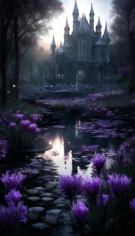 Purple Castle Aesthetic, Fantasy Places Mystic, Pretty Castles, Fantasy Atmosphere, Dark Fairytale Aesthetic, Gothic Landscape, Dark Castle, Dark Fairytale, Gothic Wallpaper