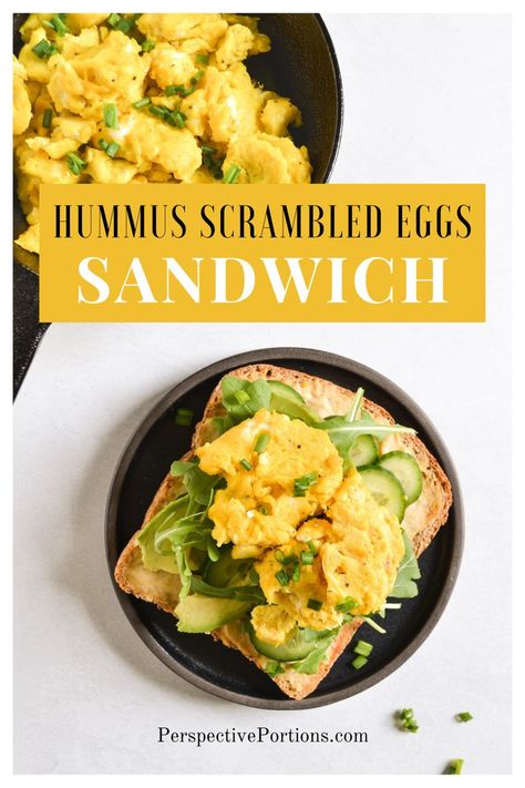 Smooth and creamy dairy-free scrambled eggs made with a plant-based spread. Add it to toast along with some vegetables for a delicious hummus egg sandwich. It's a healthy breakfast that's ready in less than 10 minutes! Hummus Egg Sandwich, Hummus Egg Toast, Hummus Eggs, Scrambled Eggs Without Milk, Eggs Sandwich, Eggs On Toast, Hummus Sandwich, Alpha Gal, Hummus Bowl