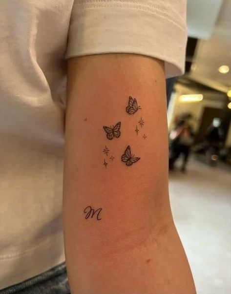 Butterflies Back Of Arm Tattoo, Butterfly Flying Up Arm Tattoo, Fine Like Hand Tattoos, Best Friend Spanish Tattoos, 3 Dainty Butterfly Tattoo, Small Tattoos Meaning Self Love, Dainty First Tattoos, Peace Over Everything Tattoo, Center Stomach Tattoos