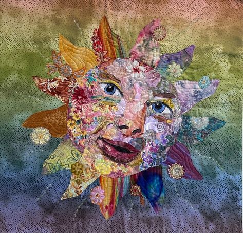 A Good Way to Learn Fabric Collage Portraiture: Sun and Moon Faces | Susan Carlson Quilts Susan Carlson Collage Quilts, Fabric Collage Ideas, Fabric Collage Art, Sun Portrait, Moon Faces, Susan Carlson, Collage Quilts, Choosing Fabric, Fly On The Wall