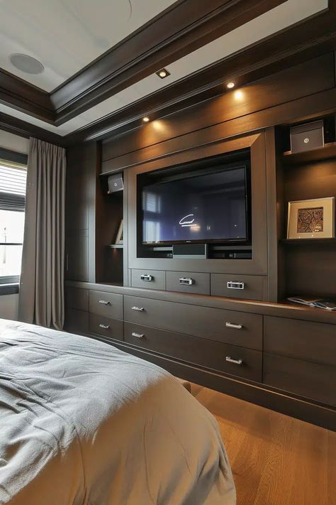 25 Creative Ideas for Bedroom Built-Ins that Optimize Space Built In Closet Tv Bedroom, Tv Built In Wall Unit Bedroom, Bedrooms With Built Ins, Closet With Tv Built In, Custom Built Ins Bedroom, Bedroom Tv Built In, Build In Closet Bedroom, Built In Dresser In Bedroom With Tv, Built In Closet With Tv In The Middle