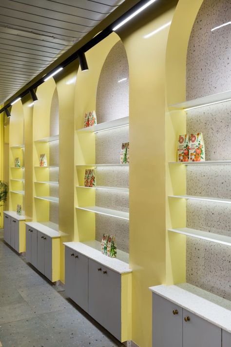 G Pulla Reddy Sweets | Beyond Spaces Design Studio | Hyderabad – Interiorlover Projects Small Boutique Interior, Store Counter Design, Jewelry Store Interior, Store Shelves Design, Retail Store Interior Design, Interior Ceiling Design, Store Design Boutique, Pharmacy Design, Showroom Interior Design