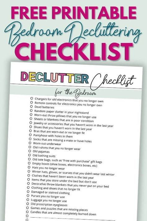 Looking for a free printable decluttering checklist for the bedroom? If your bedroom is a mess, you need this bedroom decluttering guide and checklist! Get decluttering ideas for things to get rid of in the bedroom, and find out step-by-step tips for getting rid of clutter in the bedroom... This is how I declutter every room in my house, and it works! Declutter Room By Room Checklist, Bedroom Cleaning Checklist For Teens, Decluttering Ideas Bedroom, Bedroom Declutter Checklist, Declutter Bedroom Checklist, Declutter Room, Bedroom Decluttering, Organize Bedroom, Household Chores List