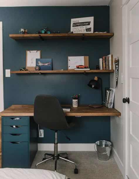 Love this preteen bedroom makeover with DIY art and a built in desk Preteen Boys Room, Moody Blue Paint, Preteen Boys Bedroom, Bedroom Decor For Boys, Preteen Bedroom, Boys Bedroom Storage, Teenager Bedroom, Teenager Bedroom Boy, Teenage Boy Room